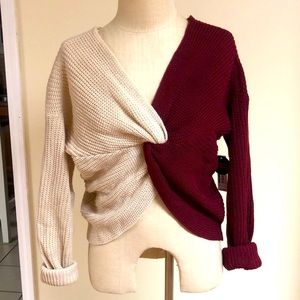 Two-toned Fall/Winter Sweater w/ Front Knot. Cream & Burgundy. Walmart. XL.